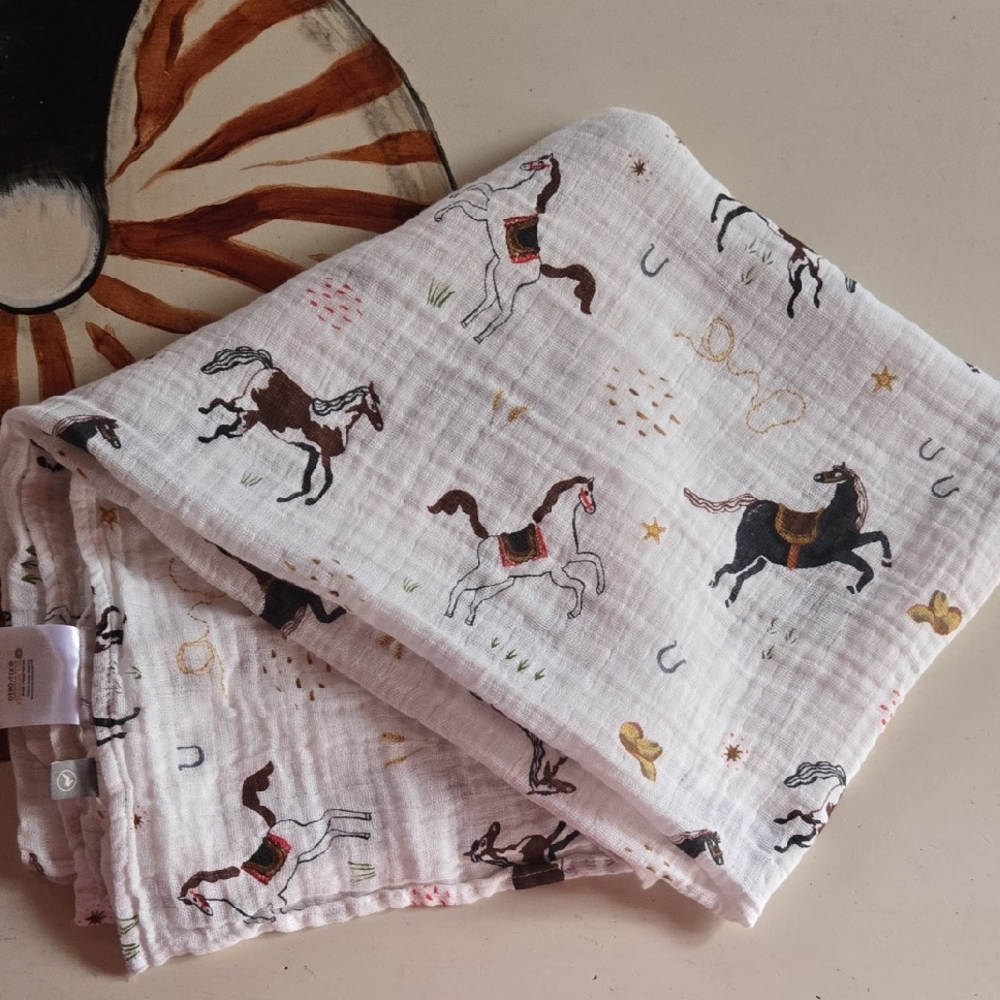 Red Rovr White Equestrian Print Gauze Baby Swaddling Blanket